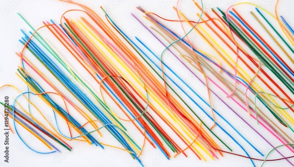 Poster colorful threads arranged on a white background creating a vibrant and abstract design, perfect for 