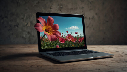 Flower coming out off laptop screen. Human civilization progress concept. Advance and eco-friendly technology idea. With copy space.