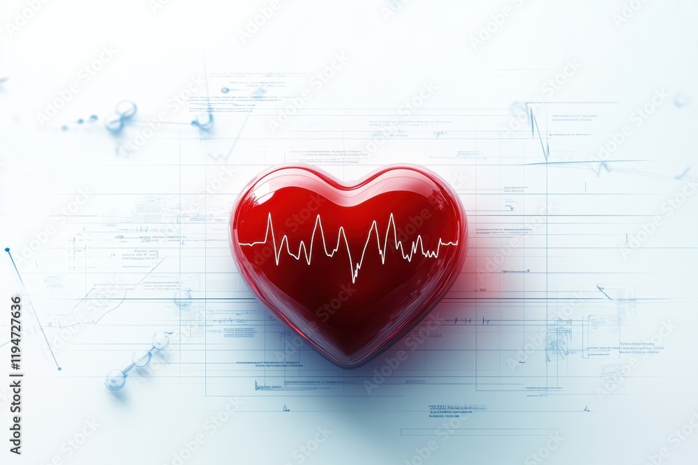 Poster Glowing red heart with dynamic cardiogram illustrating health metrics and emotional connection in a modern design. Generative AI