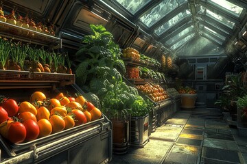 A futuristic hydroponic farm inside a spaceship, showcasing various plants and vegetables growing under controlled conditions with artificial sunlight.