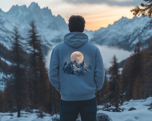 Man in hoodie admiring snowy mountain sunset with large moon.