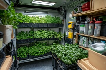 A compact urban farm setup with vibrant greenery, showcasing a variety of fresh plants growing indoors, reflecting modern sustainable living practices efficiently.