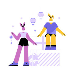 Rabbit Characters With Lanterns And Gifts In Flat Vector Illustration Symbolizing Lunar New Year, Festivity, Friendship, And Gift Exchange, Isolated On White Background