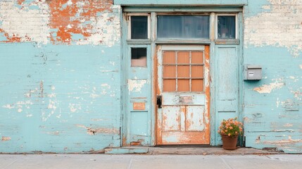 Vintage Blue Door with Peeling Paint and Flower Pot - Perfect for Rustic Home Decor or Wall Art