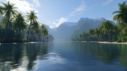Obraz premium Tropical Paradise Calm Waters Snow Capped Mountains