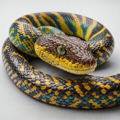 Fototapeta premium A brightly colored pit viper coiled on a white background.