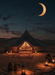 Ramadan Night in a Traditional Desert Tent under a Crescent Moon Generative AI