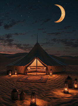 Ramadan Night in a Traditional Desert Tent under a Crescent Moon Generative AI