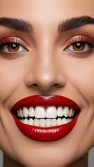 A close-up of a woman's perfect white teeth and bold red lips, smiling brightly. Beauty, confidence, and dental care concept