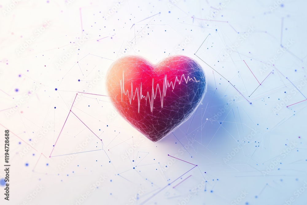 Poster glowing red heart with dynamic cardiogram symbolizes love and health in a creative visual representa