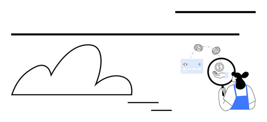 Woman in blue apron studies financial card with magnifying glass, depicting analysis. Ideal for financial literacy, data analysis, cloud computing, online banking, financial planning, security