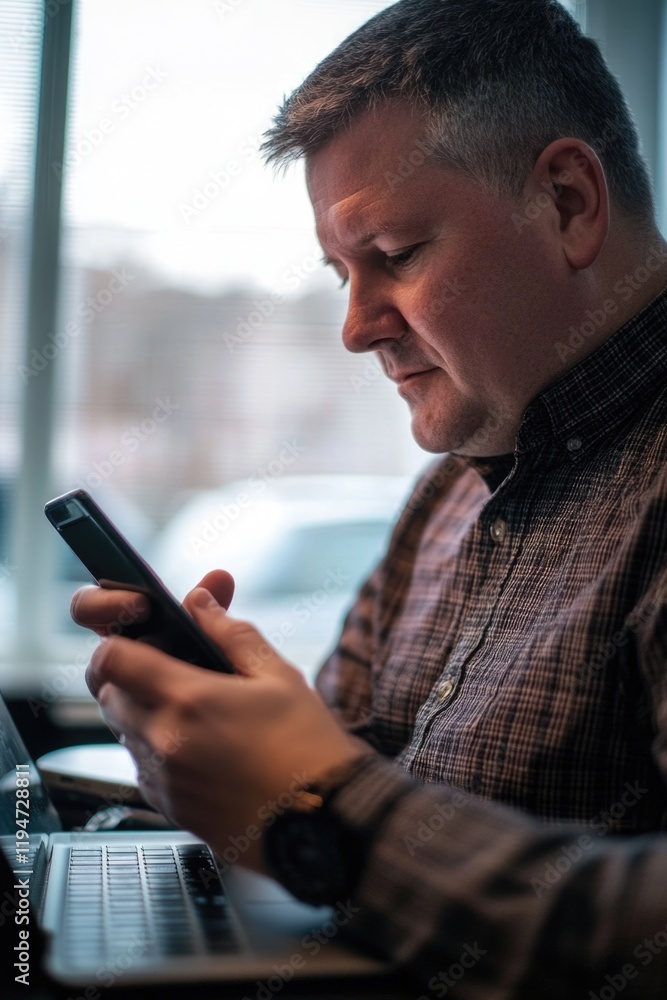 Poster a person using their cell phone while seated next to a laptop