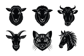 Animals head silhouette set vector illustration. Cow, Cat, horse, dog, sheep mascot icon collection