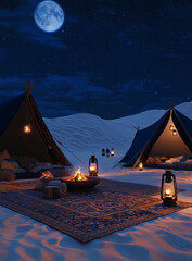 Ramadan Night in a Traditional Desert Tent under a Crescent Moon Generative AI
