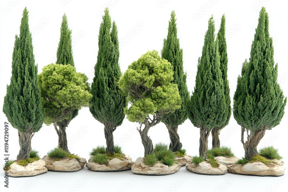 Poster a group of small trees perched on top of rocks, great for use in illustrations or designs about natu