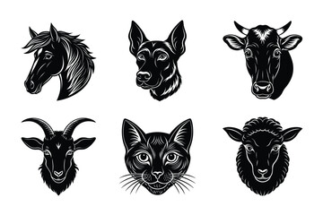 Animals head silhouette set vector illustration. Cow, Cat, horse, dog, sheep mascot icon collection