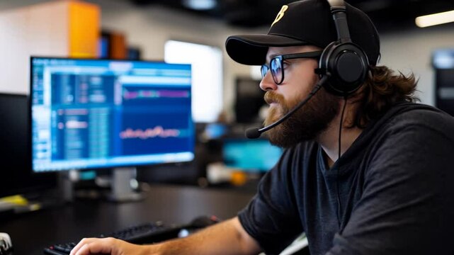 Un homme devant un &eacute;cran d'ordinateur avec un casque audio et un micro.