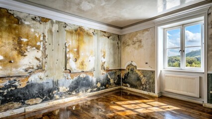 Obraz premium A neglected room with extensive water damage and mold growth on the walls, revealing aged wood flooring and a bright window view