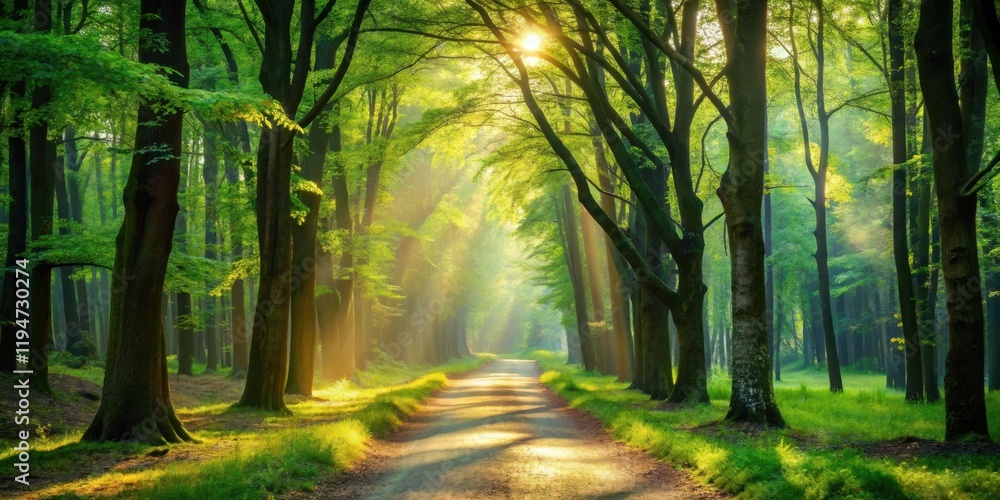 Poster sunlit path through a lush green forest canopy