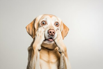 A dog sitting with its paws over its face, possibly feeling shy or hiding