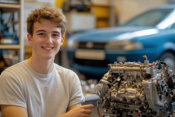 Young engineer pointing at car engine during assembly in workshop