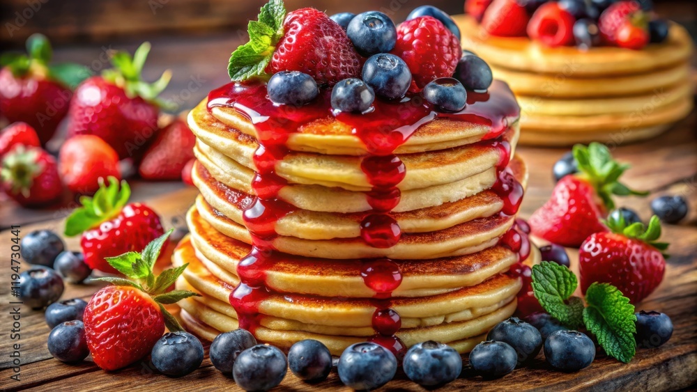 Poster a delectable stack of pancakes topped with fresh berries and a sweet sauce
