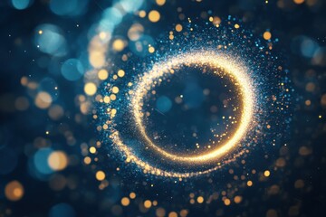 Golden spiral of glitter particles creating a magical circle on a blue background