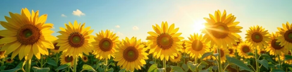 Obraz premium Sun-drenched sunflowers stretching to a clear sky, golden hour, sun, vibrant