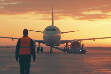 Ground crew walking toward airplane on runway during sunset