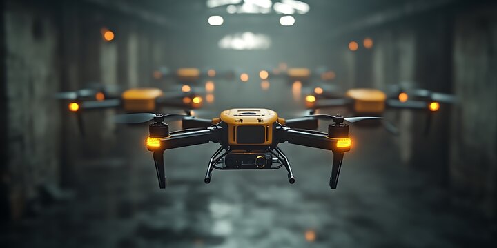 Swarm of drones flying in dark urban corridor.