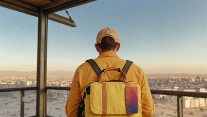 Traveler or passenger with a bag. Minimal vacation and travel concept. Copy space.