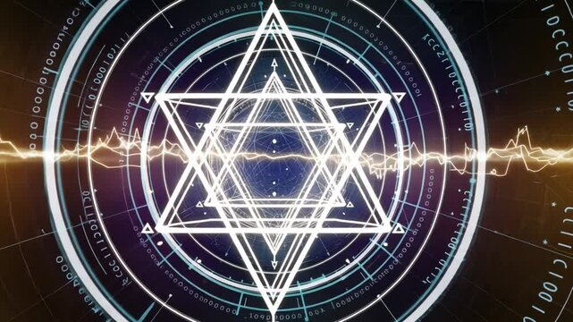 A mesmerizing digital artwork featuring a complex, glowing mandala of interwoven triangles and circles, pulsating with energy and cosmic symbolism.