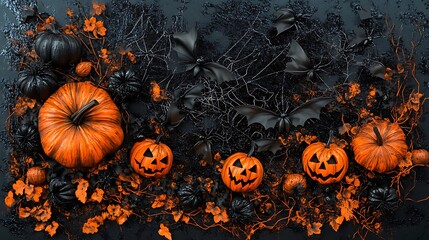 Halloween night scene with black and orange tones bats pumpkins and spiders