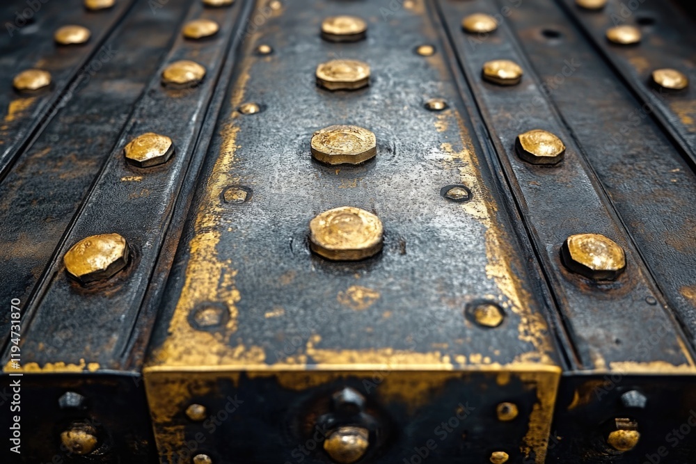 Poster a close-up view of a metal box with visible rivets, suitable for industrial or mechanical uses