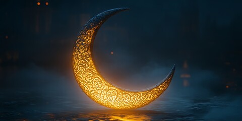Glowing crescent moon with ornate design.