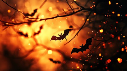 Halloween decorations featuring black and orange tones bats pumpkins and spiders