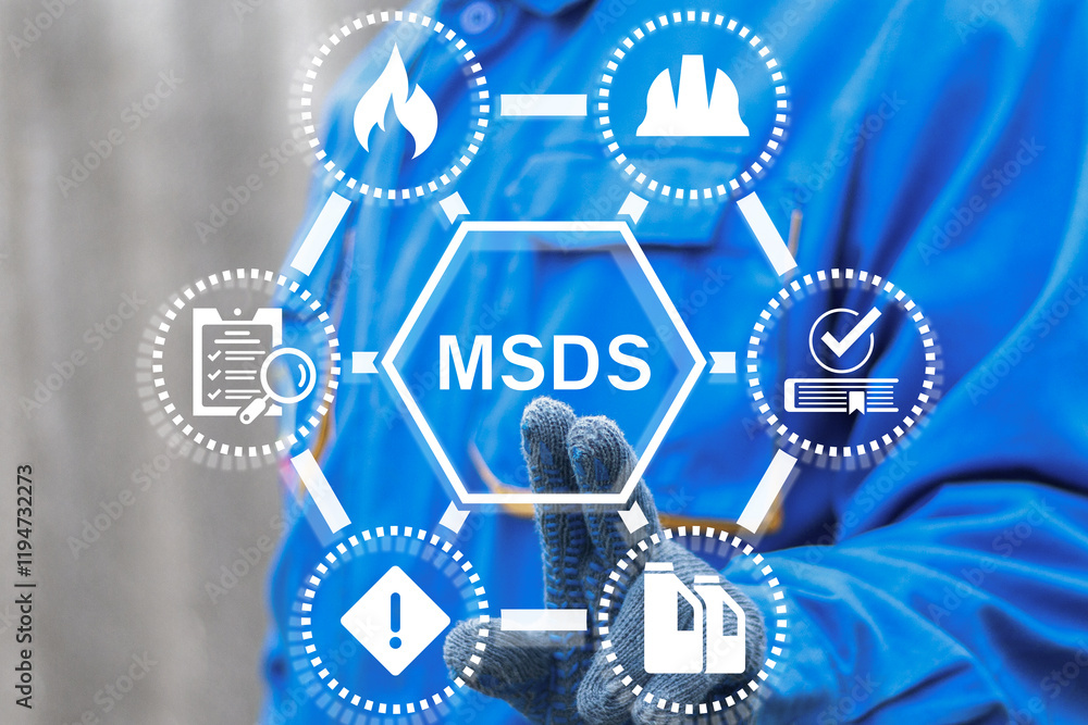 Poster worker using virtual touch screen push abbreviation: msds. msds material safety data sheets industry
