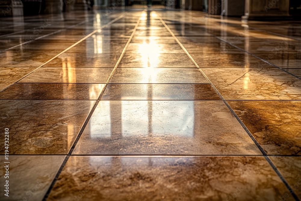 Poster a sunlit gallery floor adorned with smooth, marble tiles reflecting soft golden hues, creating a war