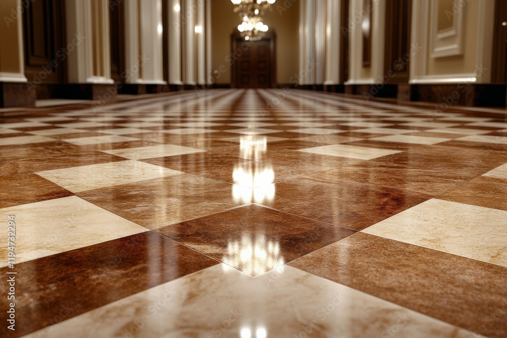 Poster elegantly designed corridor featuring polished marble floor tiles, with an intricate pattern that en