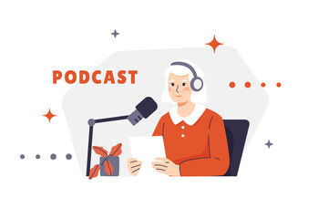Illustration of an elderly woman with headphones, hosting a podcast, sitting at a table with notes. Gray-haired character sharing knowledge with an audience. Studio interior for recording a podcast