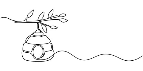 Heraldry, coat of arms elements and families: Beehive, Single one line drawing honey hive hanging on branch of tree with honey drop. House of bee. Source of honey. Swirl curl circle background style. 