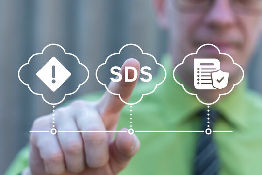 Business person working on virtual touch screen push abbreviation: SDS. SDS Safety Data Sheets Business Industry Training Safety Concept.