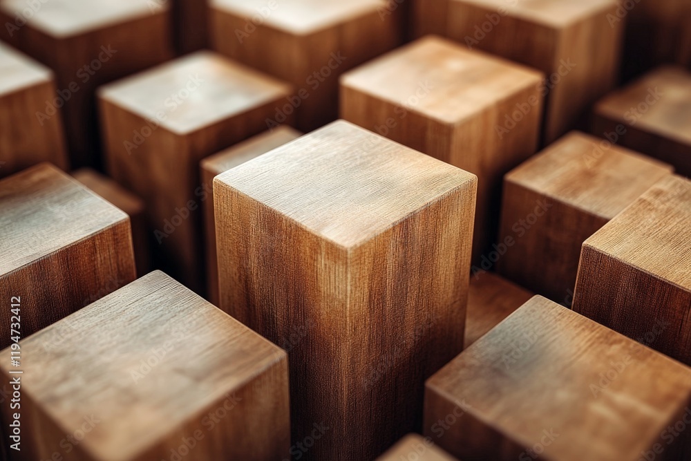 Poster This image features an orderly array of towering wooden cubes with a smooth surface, showcasing their natural wood grains and warm tones in a captivating arrangement.