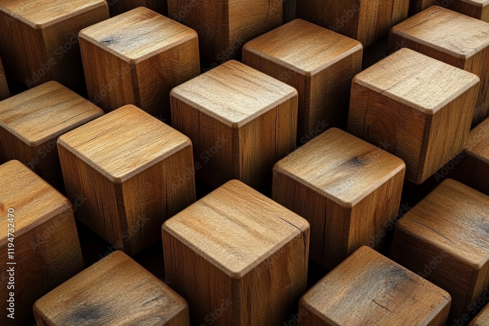 Poster This visually appealing image depicts rows of smooth wooden cubes arranged to create a minimalist and modern aesthetic with their natural grain textures.