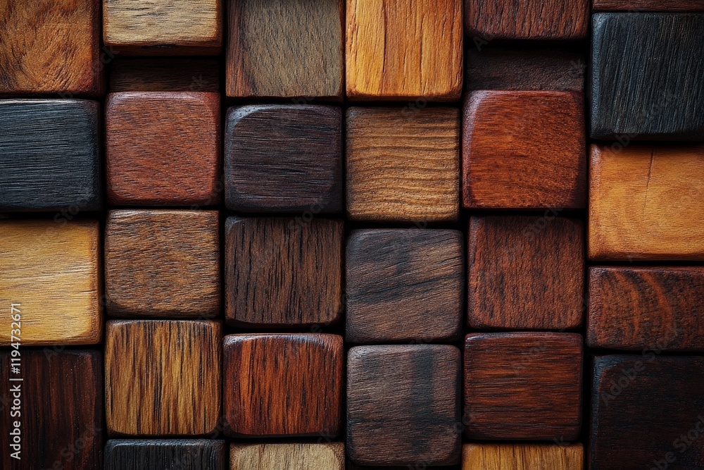 Poster an arrangement of square wooden blocks showcasing diverse grain textures and rich brown hues, symbol