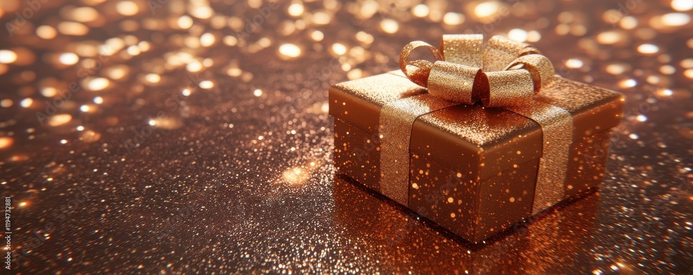 Poster top above close up view photo of beautiful present box with golden ribbon standing on shiny glitter 