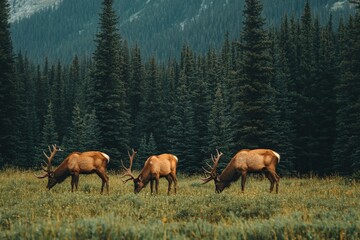 Obraz premium This image captures three majestic elk grazing peacefully in a lush green meadow, set against a backdrop of dense evergreen forest and mountainous landscape.