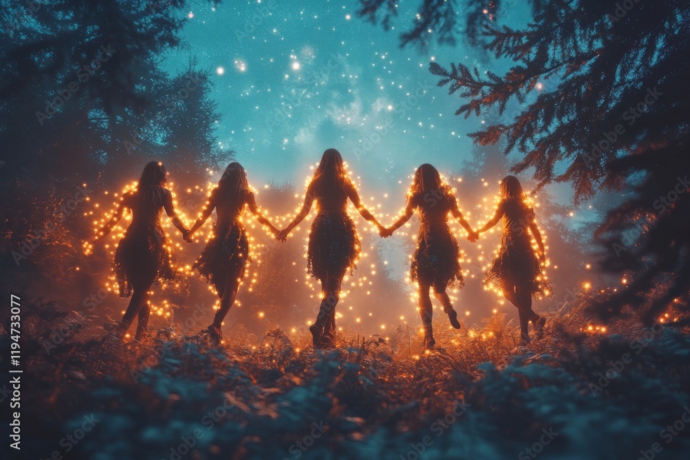 Poster five figures dance and hold hands in a magical forest, surrounded by glowing luminous lights, creati