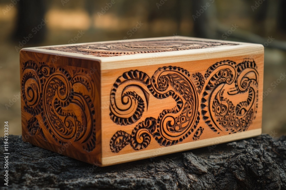 Poster an intricately carved wooden box featuring swirling, detailed patterns, showcases exquisite craft an