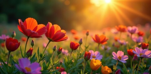 Vibrant wildflowers, dew-kissed petals, sunrise, idyllic, flowers, rural